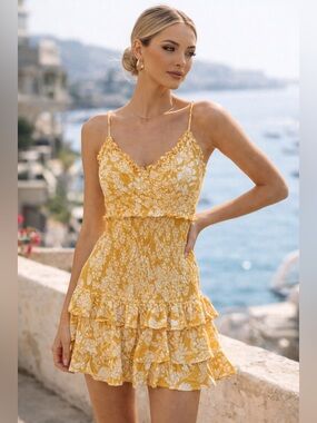 Hello Molly Yellow Floral Mini Dress Smocked Ruffle Sundress Spaghetti Strap S